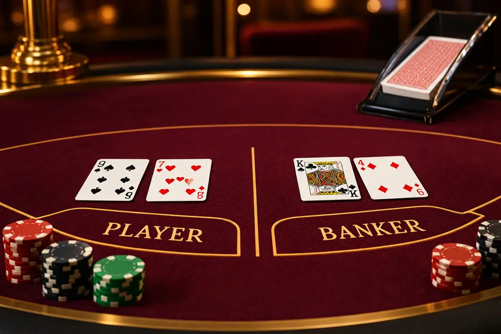 Sepatu kartu, kartu dan keping di meja baccarat