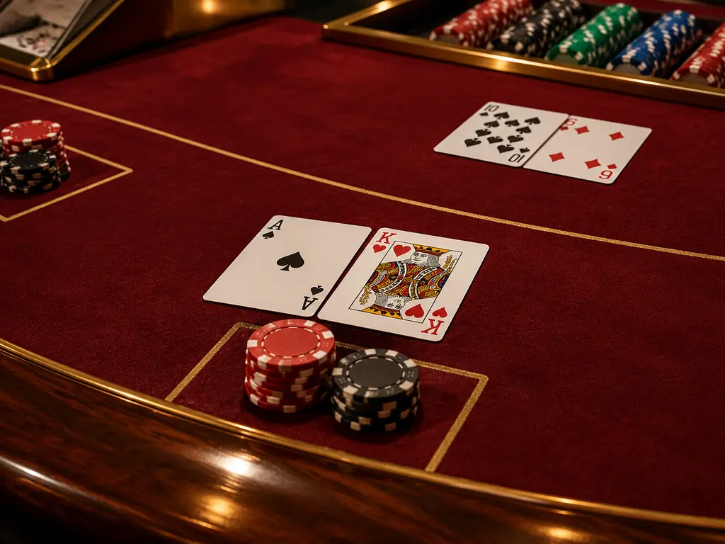 Kartu dua puluh satu dan keping di meja blackjack