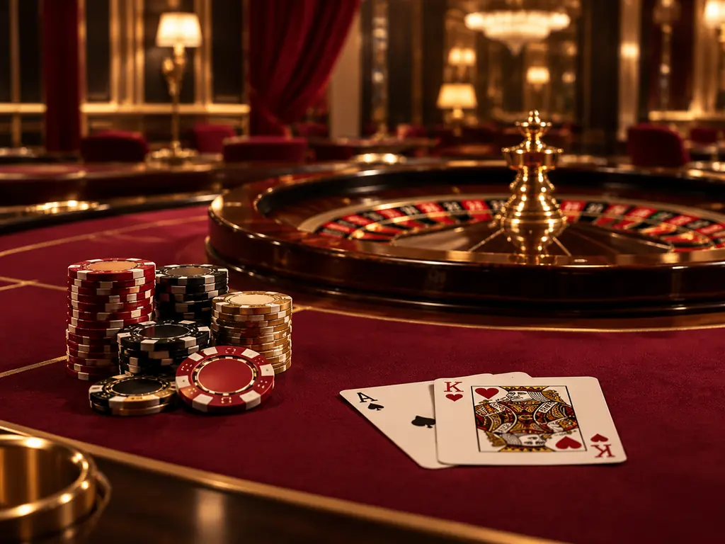 Meja kartu dan roda roulette dalam suasana kasino burgundi