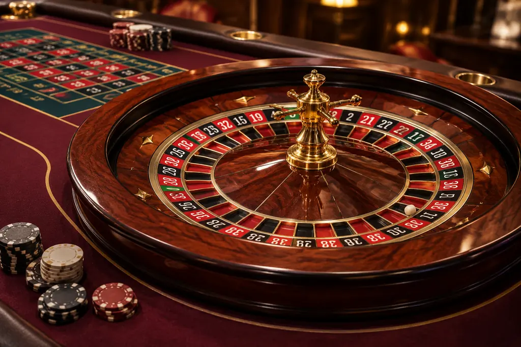 Roda roulette dan keping di meja kasino