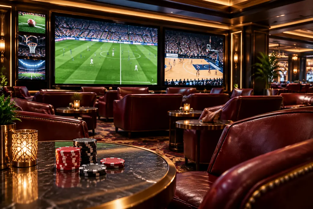 Ruang sportsbook kasino dengan layar sepak bola dan basket
